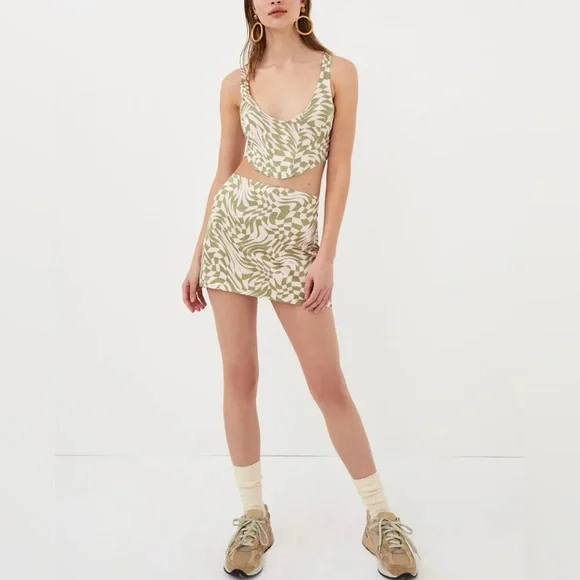 For Love & Lemons Aiko Green Pink Disoriented Checkered Mini Skirt Sz Medium - Picture 4 of 16